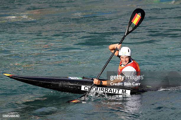 Maialen Chourraut of Spain celebrates winning gold medal after the Women's Kayak Final on Day 6 of the Rio 2016 Olympics at Whitewater Stadium on...