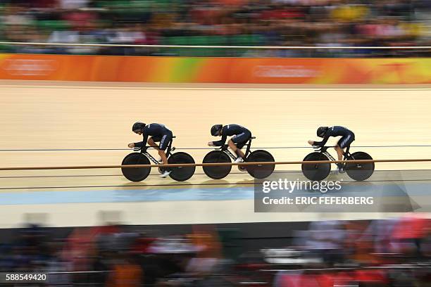 New Zealand's Racquel Sheath, New Zealand's Rushlee Buchanan and New Zealand's Jaime Nielsen compete in the women's Team Pursuit qualifying track...