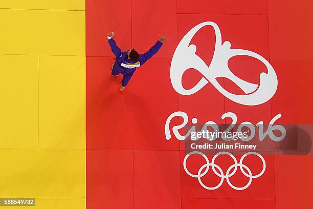 Cyrille Maret of France celebrates after winning the men's -100kg bronze medal judo contest against Karl-Richard Frey of Germany on Day 6 of the 2016...