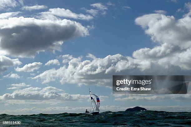 Pavel Sozykin and Denis Gribanov of Russia compete in the Men's 470 class on Day 6 of the Rio 2016 Olympics at Marina da Gloria on August 11, 2016 in...