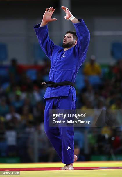 Cyrille Maret of France celebrates after winning the men's -100kg bronze medal judo contest against Karl-Richard Frey of Germany on Day 6 of the 2016...