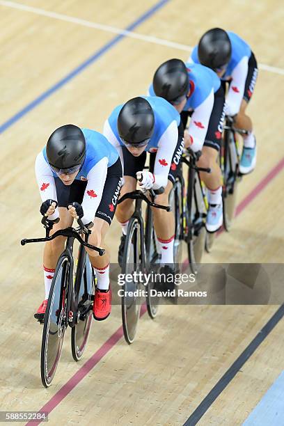 Allison Beveridge, Jasmin Glaesser, Kirsti Lay and Georgia Simmerling of Canada compete in the Women's Team Pursuit Track Cycling Qualifying on Day 6...