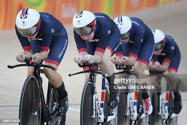 Britain's Katie Archibald, Britain's Elinor Barker, Britain's Joanna Rowsell-Shand and Britain's Laura Trott compete in the women's Team Pursuit...