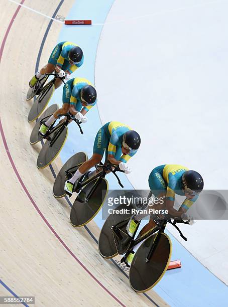 Georgia Baker, Annette Edmondson, Amy Cure and Melissa Hoskins of Australia in the Women's Team Pursuit Track Cycling Qualifying on Day 6 of the 2016...
