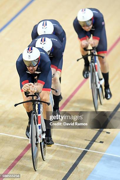 Ed Clancy, Steven Burke, Owain Doull and Sir Bradley Wiggins of Great Britain ride in the Men's Team Pursuit qualifying on Day 6 of the 2016 Rio...