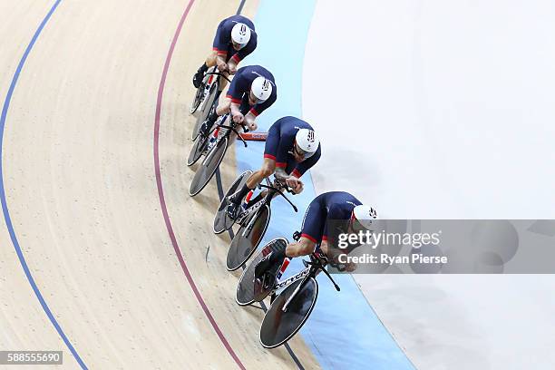 Ed Clancy, Steven Burke, Owain Doull and Sir Bradley Wiggins of Great Britain compete in the Men's Team Pursuit qualifying on Day 6 of the 2016 Rio...