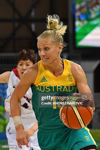 Australia's shooting guard Erin Phillips dribbles during a Women's round Group A basketball match between Japan and Australia at the Youth Arena in...