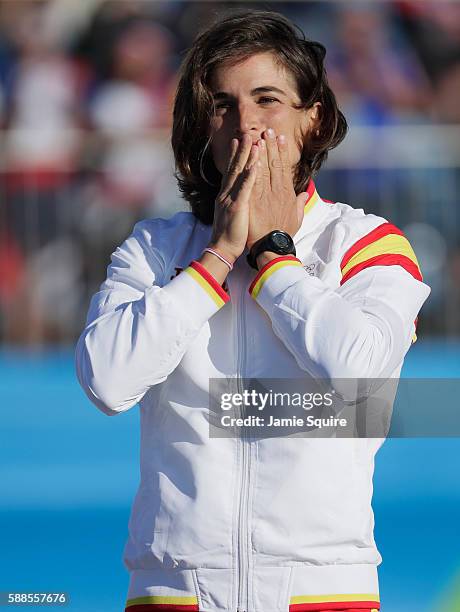 Gold medalist Maialen Chourraut of Spain celebrates on the podium during the medal ceremony for the Women's Kayak on Day 6 of the Rio 2016 Olympics...