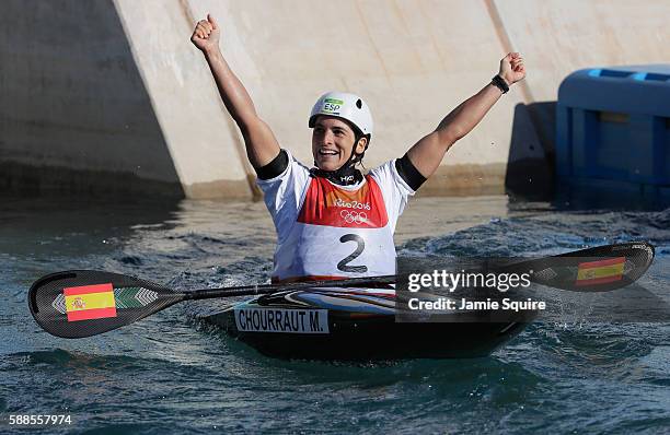 Maialen Chourraut of Spain reacts after crossing the finish line during the Women's Kayak Final on Day 6 of the Rio 2016 Olympics at Whitewater...