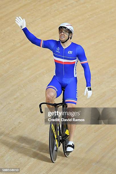 Francois Pervis of France celebrates winning silver in the Men's Team Sprint Track Cycling Finals on Day 6 of the 2016 Rio Olympics at Rio Olympic...