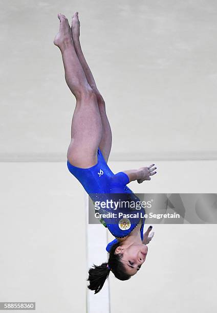 Seda Tutkhalian of Russia competes on the balance beam on Day 6 of the Rio 2016 Olympic Games at the Rio Olympic Arena on August 11, 2016 in Rio de...