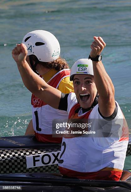 Maialen Chourraut of Spain reacts after crossing the finish line during the Women's Kayak Final on Day 6 of the Rio 2016 Olympics at Whitewater...