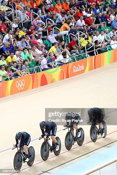 GLauren Ellis, Racquel Sheath, Rushlee Buchanan and Jaime Nielsen of New Zealand compete in the Women's Team Pursuit Track Cycling Qualifying on Day...