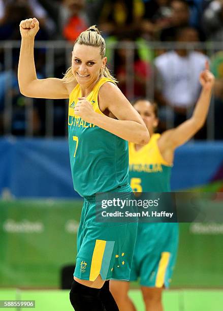 Penny Taylor of Australia reacts to scoring against Japan during a Women's Preliminary Group B match on Day 6 of the Rio 2016 Olympics at the Youth...