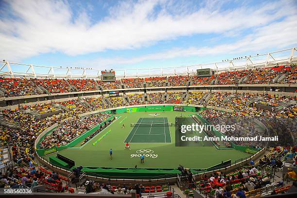 A general view of Olympic Tennis Centre during the men's singles third round match against Rafael Nadal of Spain on Day 6 of the 2016 Rio Olympics at...