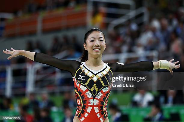 Asuka Teramoto of Japan reacts after competing on the balance beam during the Women's Individual All Around Final on Day 6 of the 2016 Rio Olympics...