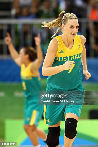 Penny Taylor of Australia reacts to scoring against Japan during a Women's Preliminary Group B match on Day 6 of the Rio 2016 Olympics at the Youth...