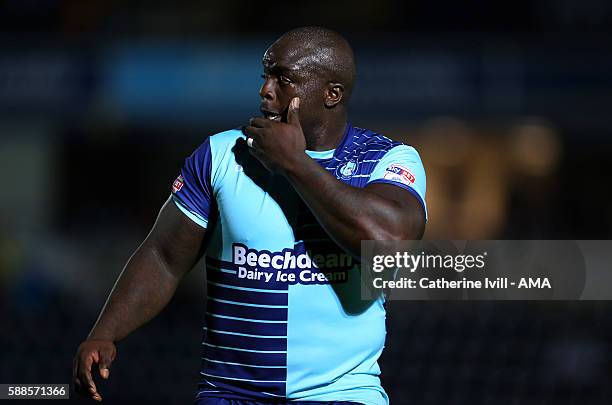 Adebayo Akinfenwa of Wycombe Wanderers during the EFL Cup match between Wycombe Wanderers and Bristol City at Adams Park on August 8, 2016 in High...