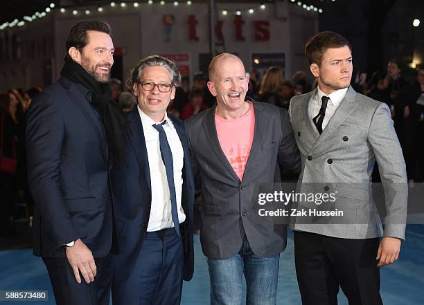Hugh Jackman, Dexter Fletcher, Eddie Edwards and Taron Egerton arriving at the European premiere of Eddie the Eagle at the Odeon Leicester Square in...