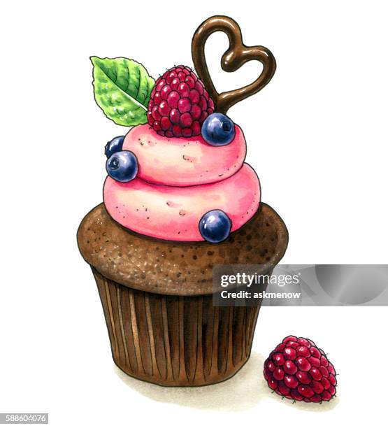 raspberry cupcake - chocolate raspberry cake stock illustrations