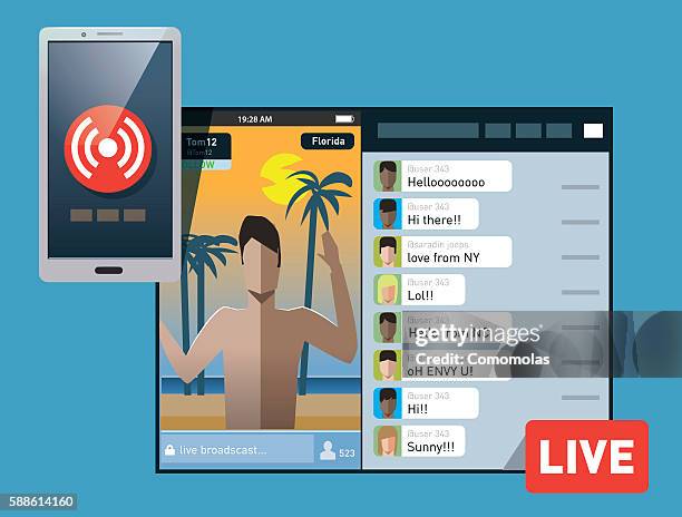 mann, der eine online-übertragung live-video. - popular smart phone apps of 2016 stock-grafiken, -clipart, -cartoons und -symbole