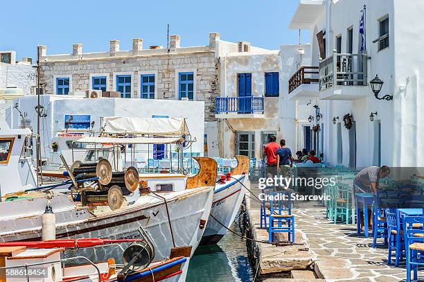 beautiful harbor of naoussa, paros island, greece - cyclades islands stockfoto's en -beelden