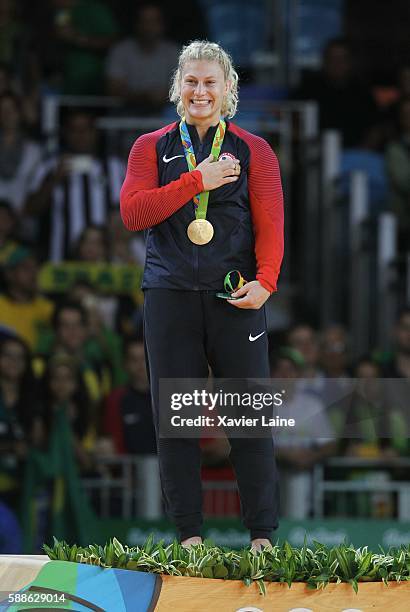 Kayla Harrison of United States celebrates his gold medal after the final women's -78kgs at Carioca Arena 2 during Day 6 of the 2016 Rio Olympics on...