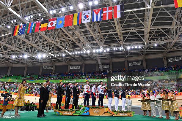 31st Rio 2016 Olympics / Track Cycling: Men's Team Sprint Finals Podium / Team NEW ZEALAND / Ethan MITCHELL / Sam WEBSTER / Edward DAWKINS Silver...