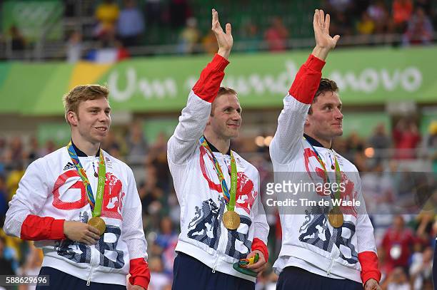 31st Rio 2016 Olympics / Track Cycling: Men's Team Sprint Finals Podium / Team GREAT BRITAIN / Philip HINDES / Jason KENNY / Callum SKINNER Gold...