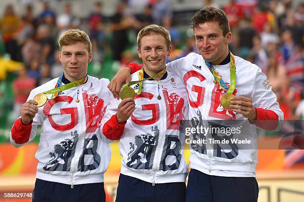 31st Rio 2016 Olympics / Track Cycling: Men's Team Sprint Finals Podium / Team GREAT BRITAIN / Philip HINDES / Jason KENNY / Callum SKINNER Gold...