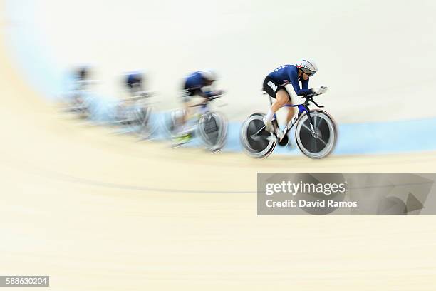 Sarah Hammer, Kelly Catlin, Chloe Dygert and Jennifer Valente of the United States compete in the Women's Team Pursuit Track Cycling Qualifying> on...