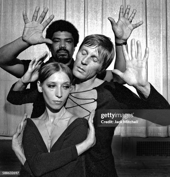 Alvin Ailey photographed in June 1971 with ABT dancers Natalia Makarova and Erik Bruhn for his ballet The River which he based on the music of...