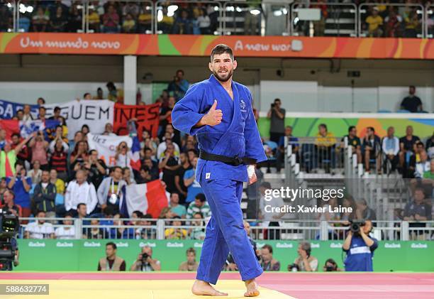 Cyrille Maret of France celebrates his victory after the final Judo men's -100kgs at Carioca Arena 2 during Day 6 of the 2016 Rio Olympics on August...