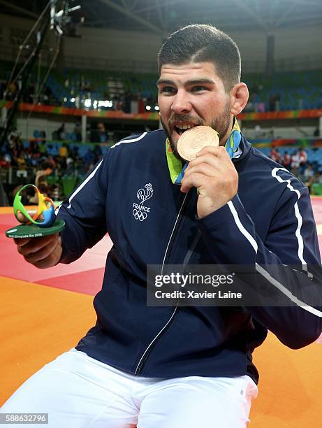 Cyrille Maret of France celebrates his bronze medal after the final Judo men's -100kgs at Carioca Arena 2 during Day 6 of the 2016 Rio Olympics on...