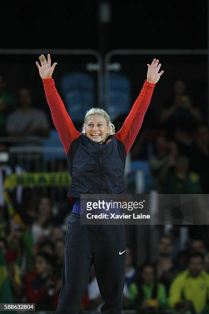 Kayla Harrison of United States celebrates his gold medal after the final women's -78kgs at Carioca Arena 2 during Day 6 of the 2016 Rio Olympics on...