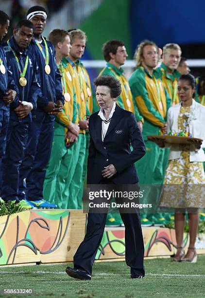 Princess Anne, Princess Royal looks on during the medal ceremony for the Men's Rugby Sevens on Day 6 of the Rio 2016 Olympics at Deodoro Stadium on...