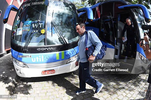 Head coach Mike Krzyzewski of the USA Basketball Men's National Team arrives at a practice during the Rio 2016 Olympic Games on August 11, 2016 at...