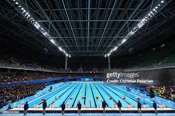 General view of the start of the Semifinal of the Men's 50m Freestyle on Day 6 of the Rio 2016 Olympic Games at the Olympic Aquatics Stadium on...