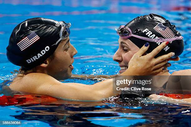 Missy Franklin of the United States embraces Madeline Dirado of the United States in the second Semifinal of the Women's 200m Backstroke on Day 6 of...
