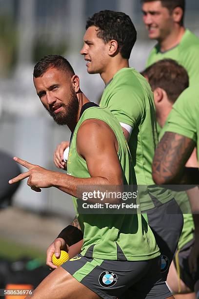 Quade Cooper of the Wallabies during an Australian Wallabies training session at Central Coast Stadium on August 12, 2016 in Gosford, Australia.