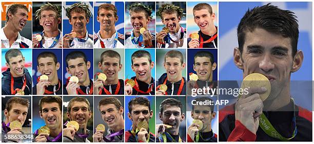 Combination picture made on August 11, 2016 shows US swimmer Michael Phelps with the 22 gold medals he won at the Olympic Games in Athens 2004,...