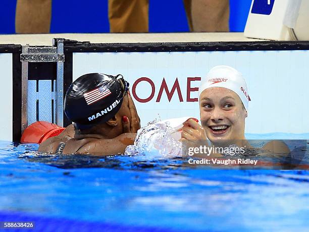 Simone Manuel of the USA and Penny Oleksiak of Canada win joint Gold in the Women's 100m Freestyle Final on Day 6 of the Rio 2016 Olympic Games at...