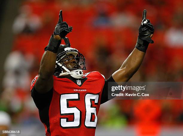 Sean Weatherspoon of the Atlanta Falcons reacts after a tackle against the Washington Redskins at Georgia Dome on August 11, 2016 in Atlanta, Georgia.