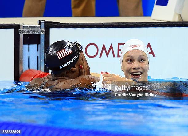 Simone Manuel of the USA and Penny Oleksiak of Canada win joint Gold in the Women's 100m Freestyle Final on Day 6 of the Rio 2016 Olympic Games at...