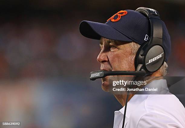 Head coach John Fox of the Chicago Bears watches as his team takes on the Denver Broncos at Soldier Field on August 11, 2016 in Chicago, Illinois.