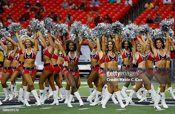 The Atlanta Falcons cheerleaders perform prior to the game against the Washington Redskins at Georgia Dome on August 11, 2016 in Atlanta, Georgia.