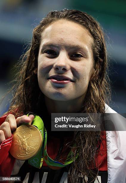 Penny Oleksiak of Canada wins Gold in the Women's 100m Freestyle Final on Day 6 of the Rio 2016 Olympic Games at the Olympic Aquatics Stadium on...