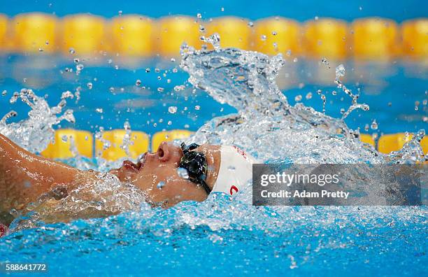 Hilary Caldwell of Canada competes in the first Semifinal of the Women's 200m Backstroke on Day 6 of the Rio 2016 Olympic Games at the Olympic...