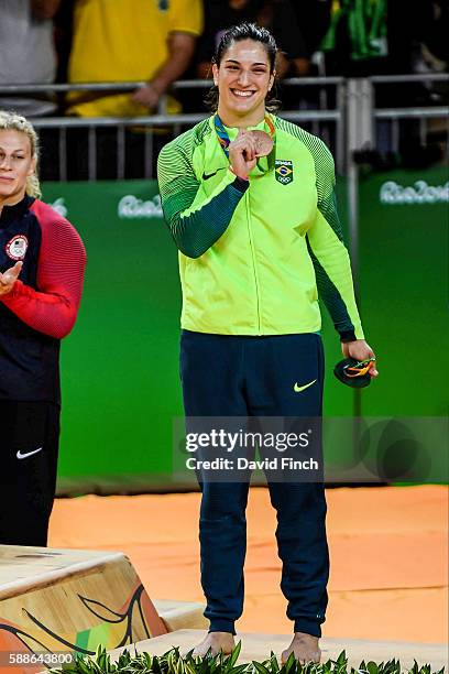 Under 78 kg judo bronze medallist, Mayra Aguiar of Brazil during the medal ceremony at the 2016 Rio Olympics on August 11, 2016 at the Carioca Arenas...