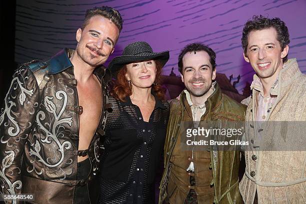 Will Chase, Bonnie Raitt, Rob McClure and Josh Grizetti pose backstage at the hit musical "Something Rotten" at The St. James Theatre on August 11,...